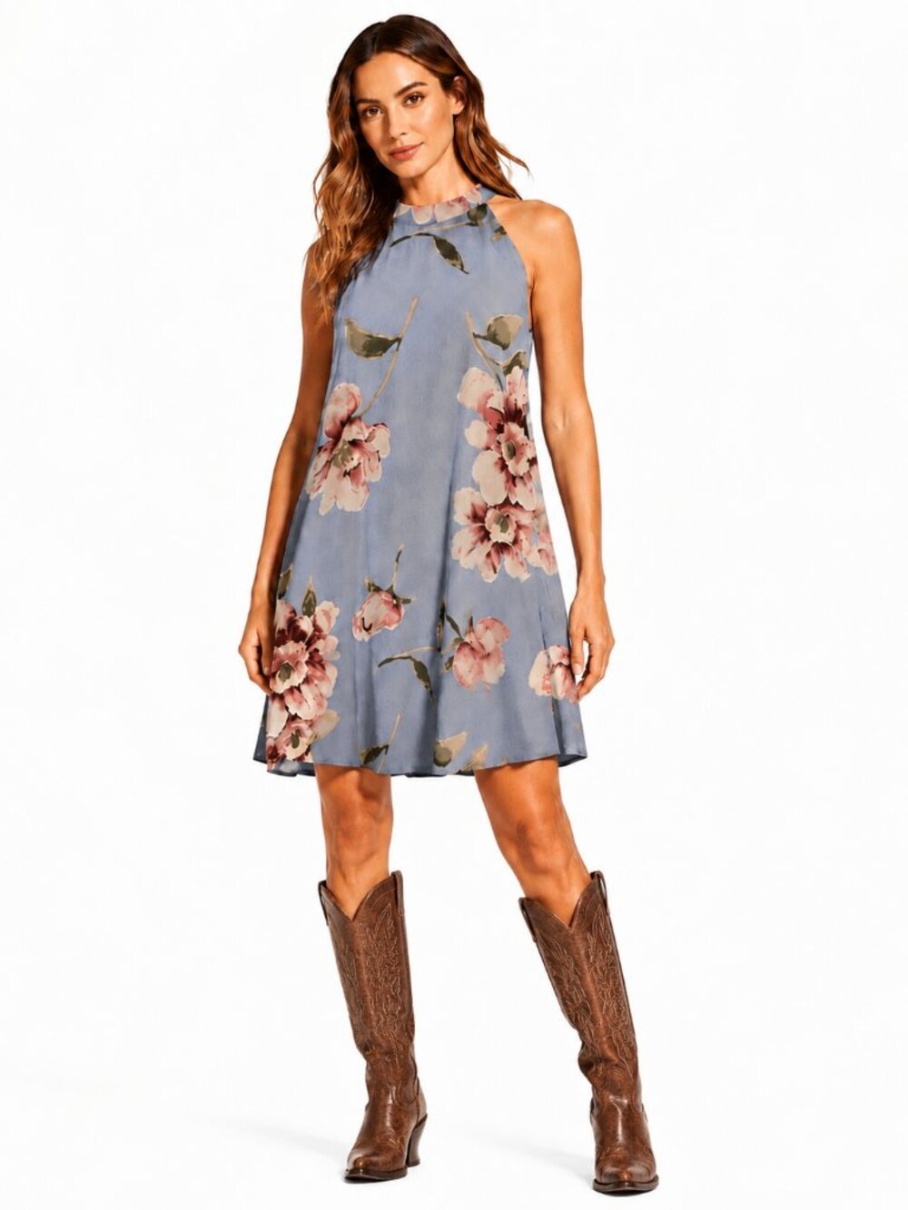 Moody Floral Halter Swing A-Line Mini Dress Staccato L Dusty Blue Wedding Guest